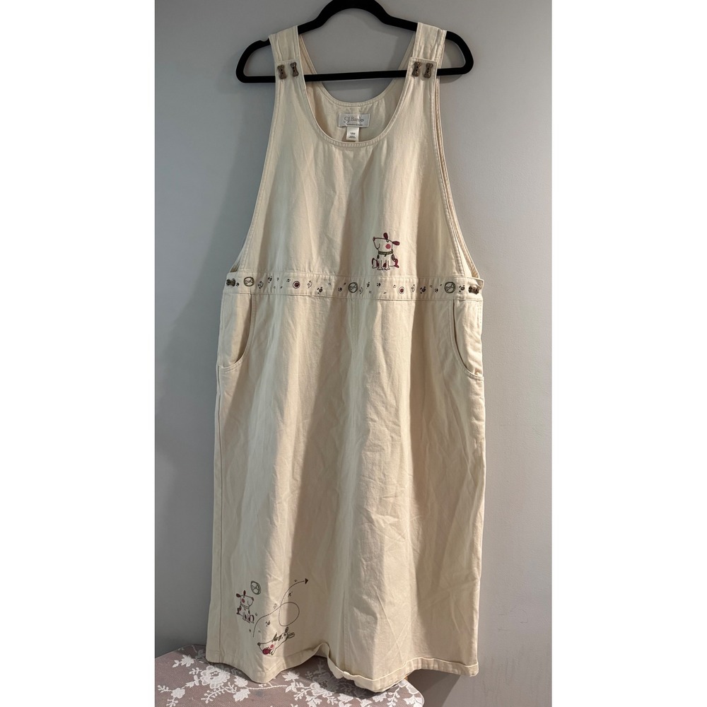 CJ Banks Jumper Dress Womens 18W Cream Excellent Dog Embroidered Pinafore 2004